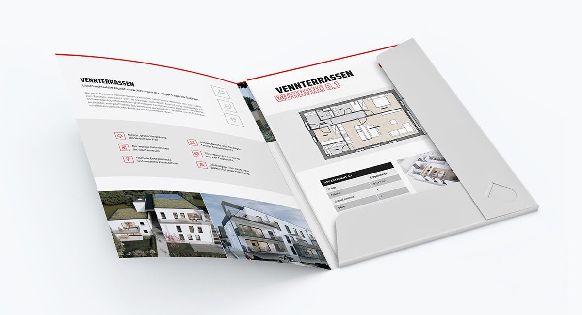 Grafikdesign und Druck der Präsentationsmappen für den Verkauf der Wohnungen.
