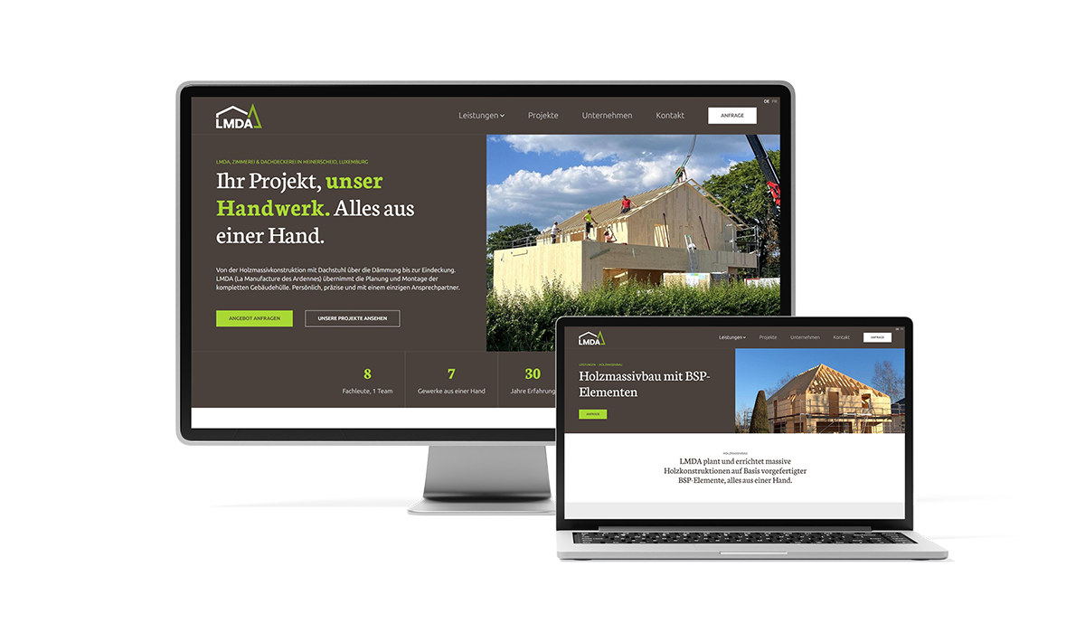 Zweisprachige Website - Leistungen, Projekte und Anfrageformular auf Deutsch und Französisch, auf jedem Bildschirm gut lesbar.